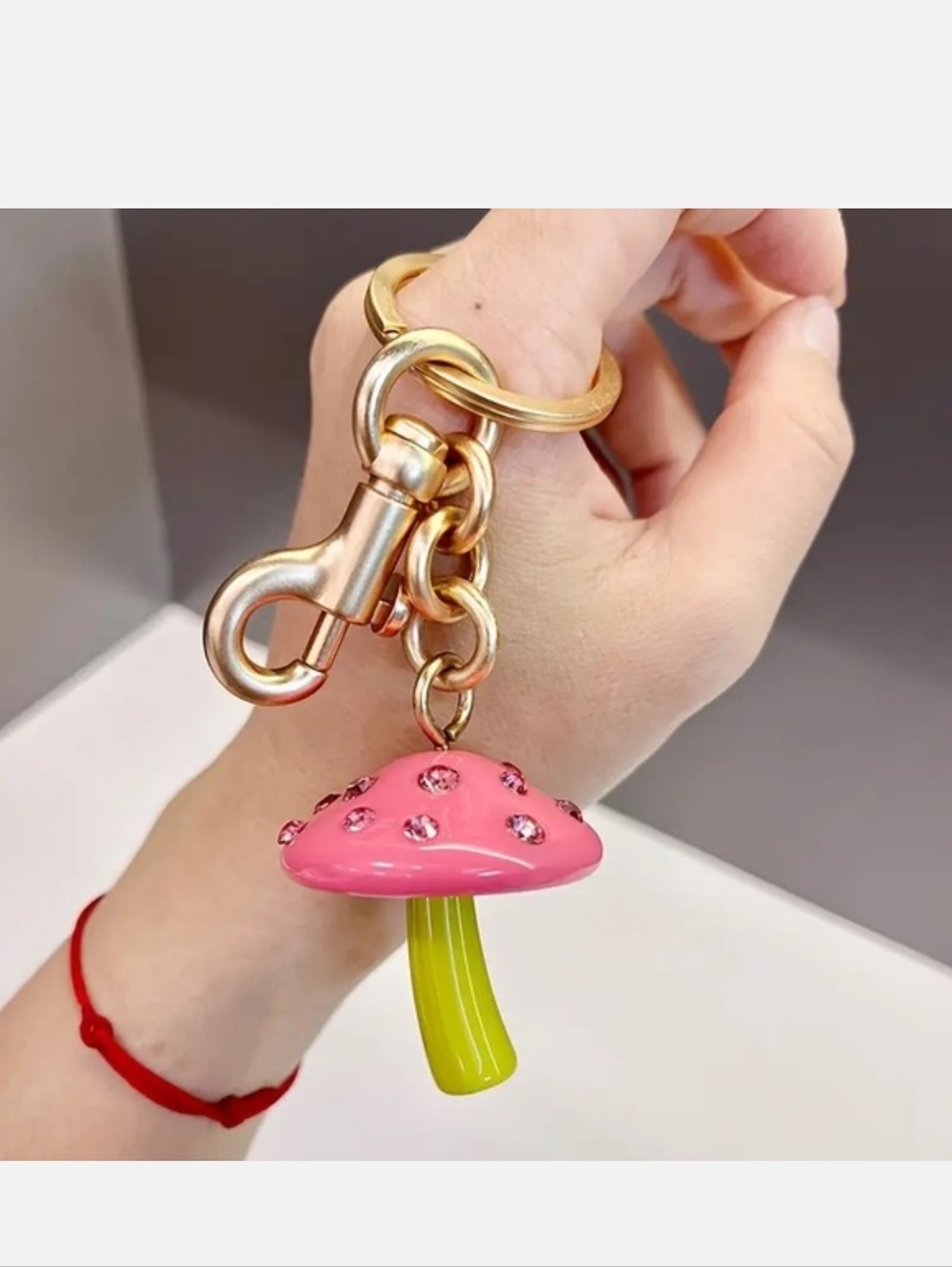Mushroom Bagcharm/Keychain Gold With Pink And Green Plus Crystals - Picture 4 of 5